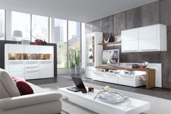 moderne GWINNER Wohnwand mit Wandregal und Glasvitrine